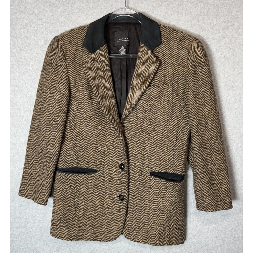 Vintage Limited Blazer Womens Petite Brown Herringbone Tweed Wool Jacket 90s